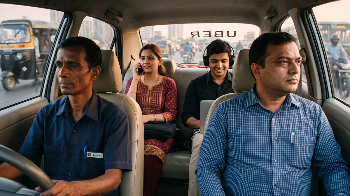 A cab driver and three passengers sharing one cab through city traffic