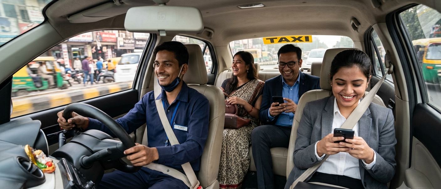 Three commuters sharing a licensed yellow-plate taxi through an Indian city